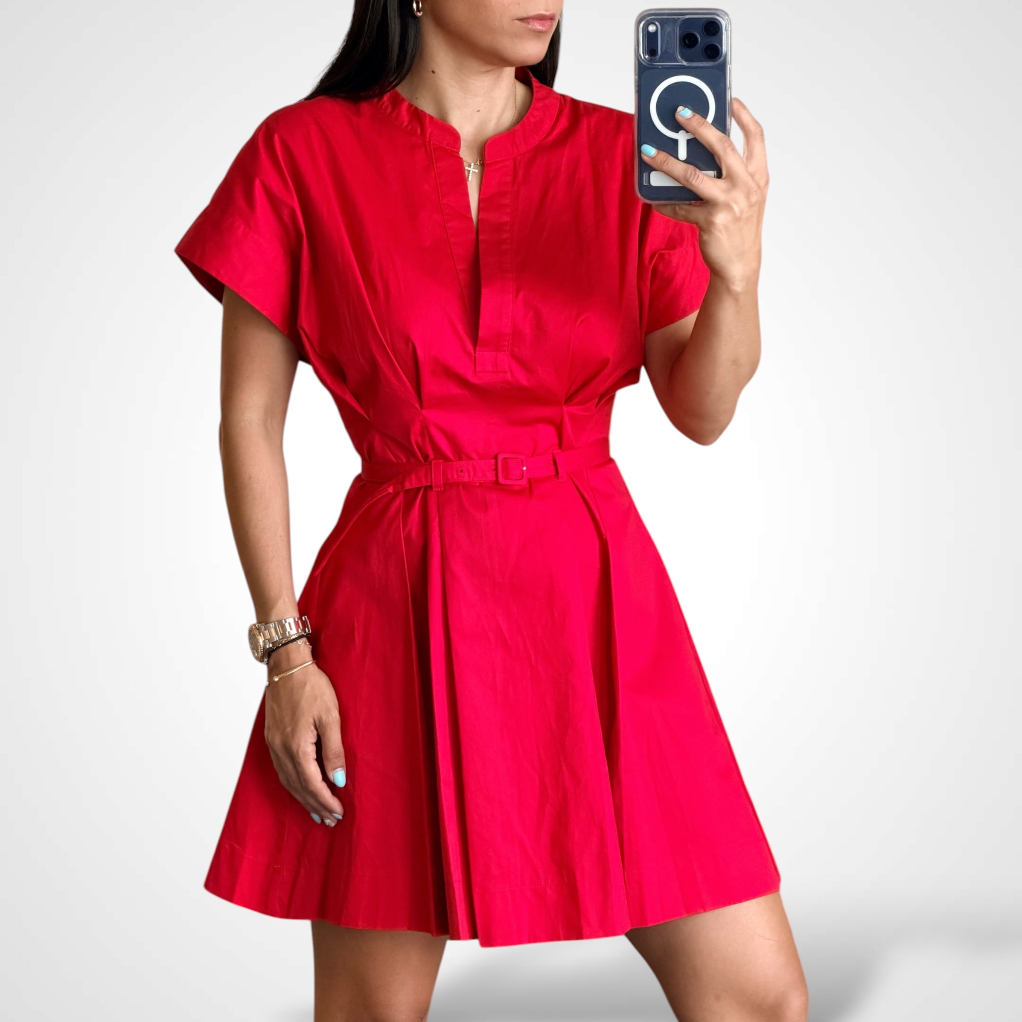 Red Short Sleeve V-neck Belted Mini Dress
