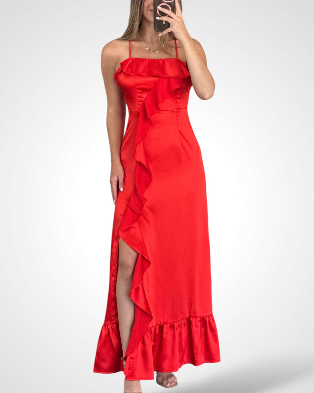Satin Ruffle Maxi Dress