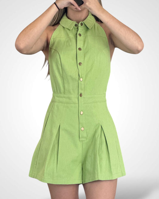 SOLID SNAP BUTTON UP FRONT TWILL HALTER ROMPER