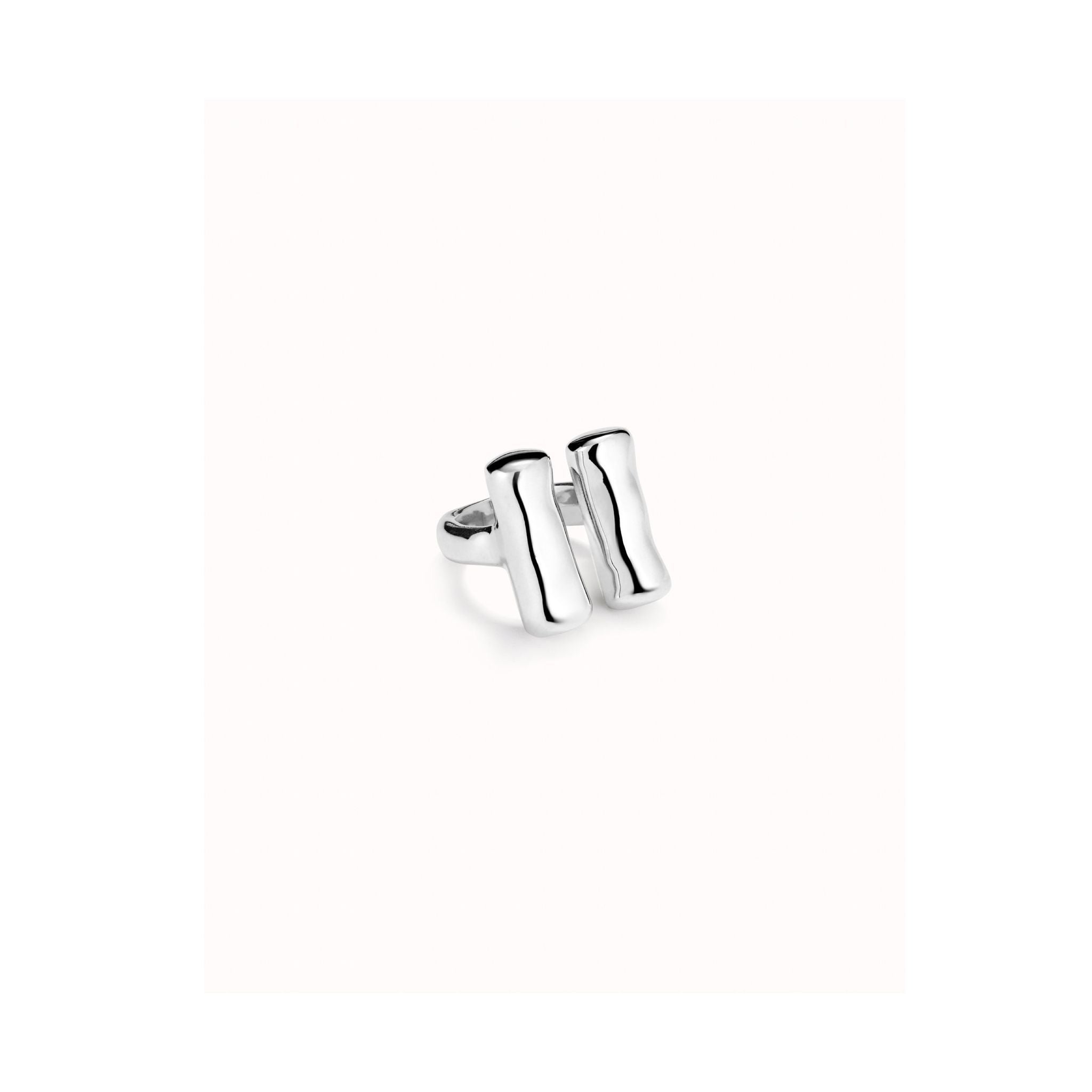 UNO D 50- Sterling silver-plated ring with two vertical tubes•-1