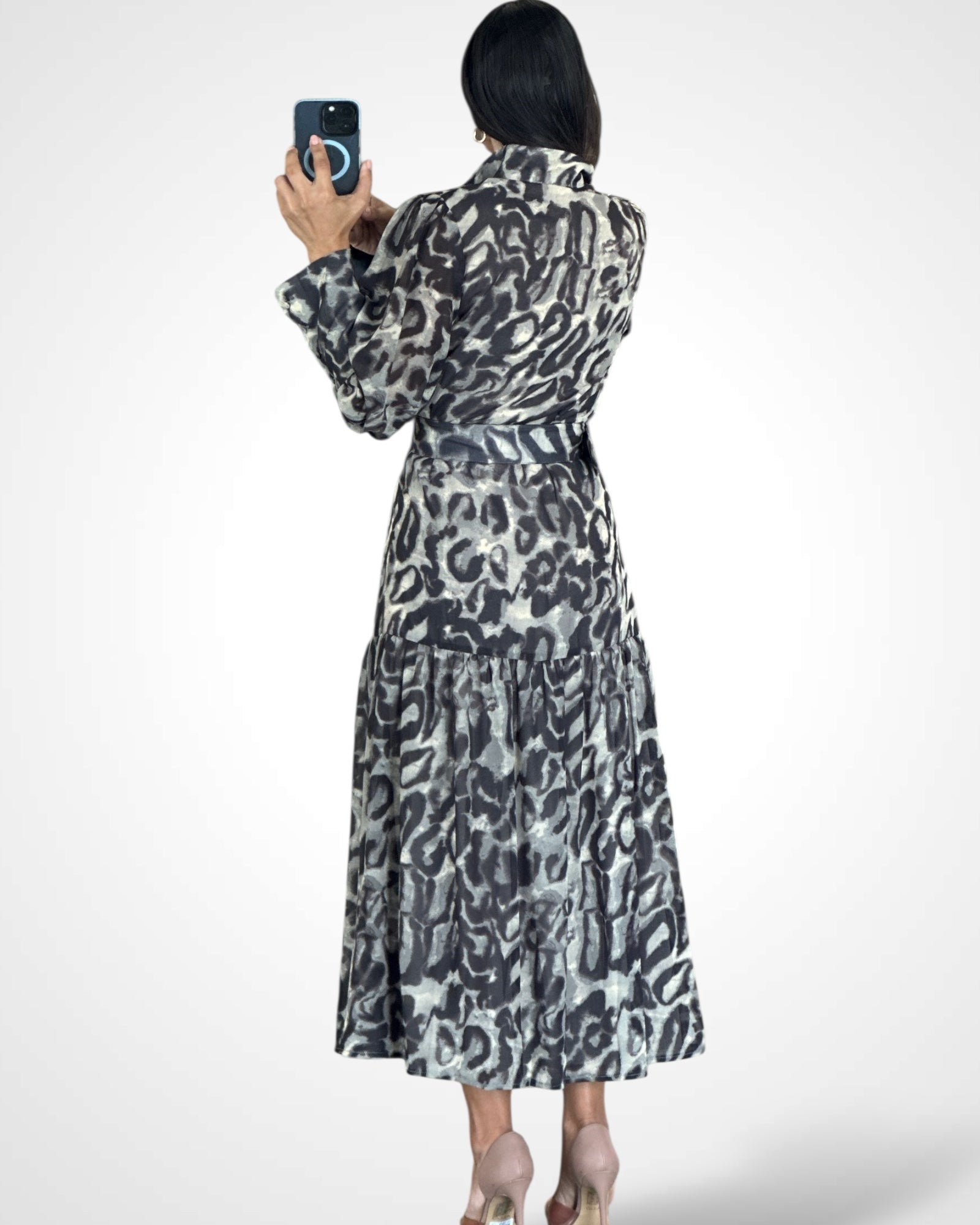 SJQ-LEOPARD PRINT CHIFFON BELTED MIDI DRESS