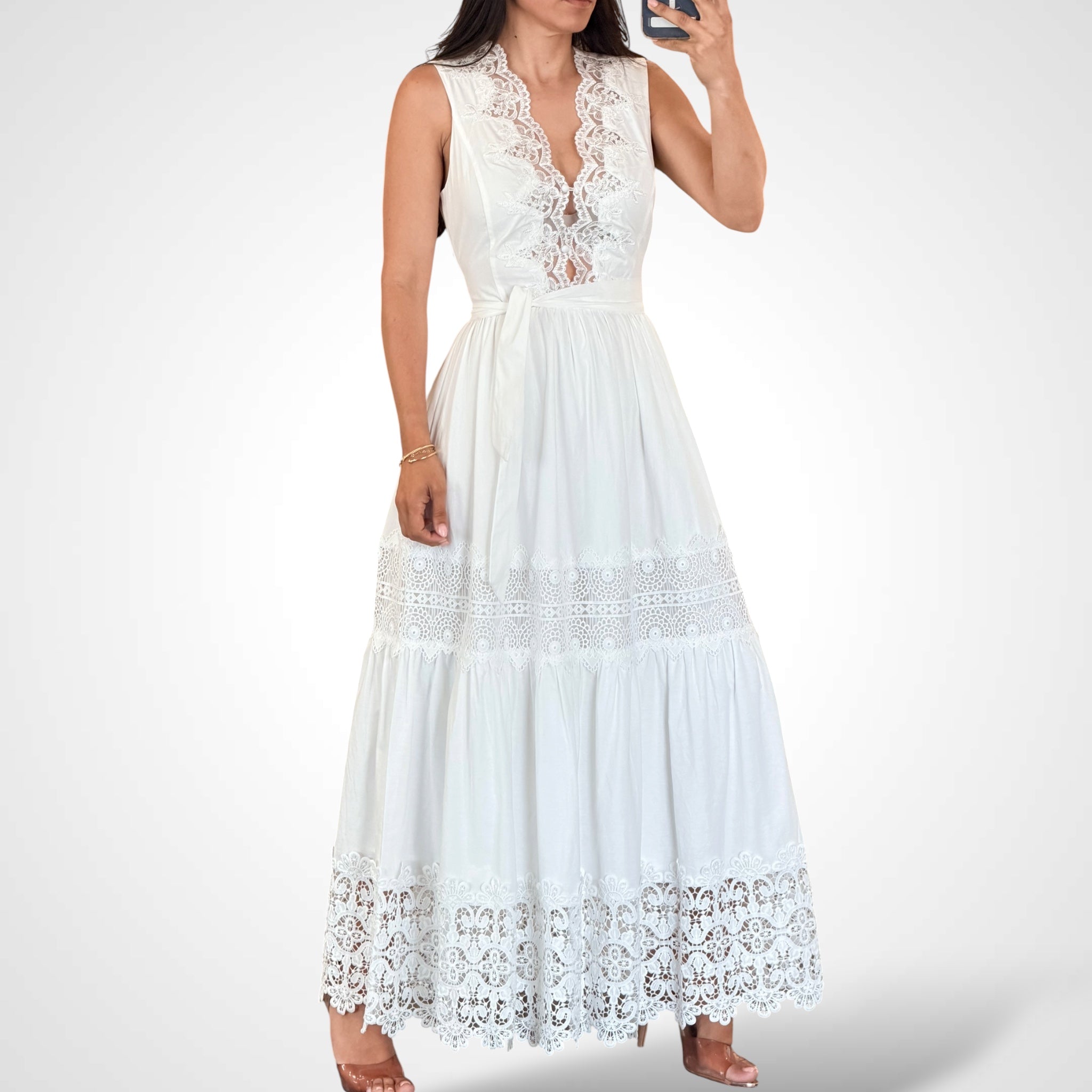 LACE TRIMMED TIERED MAXI DRESS
