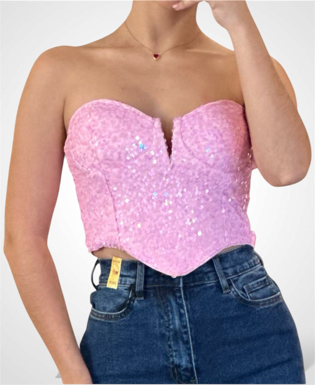 WOMENS SLEEVELESS V-NECK SEQUINS TUBE CROP TOP (Pink)