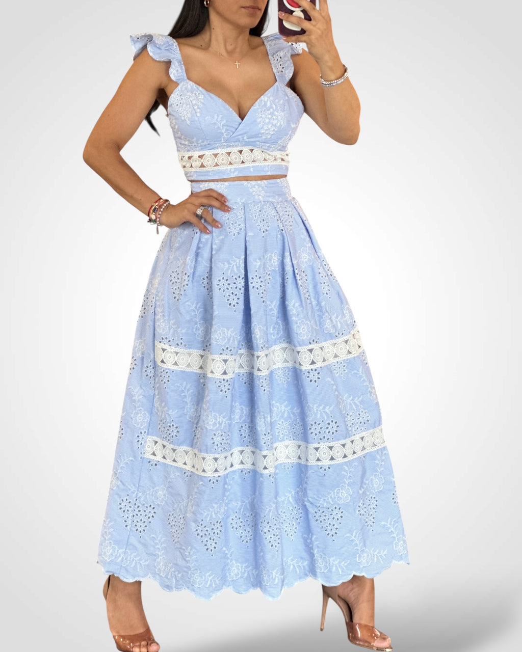 Eyelet Ruffle Sleeve Crop Top And Midi Skirt Set
