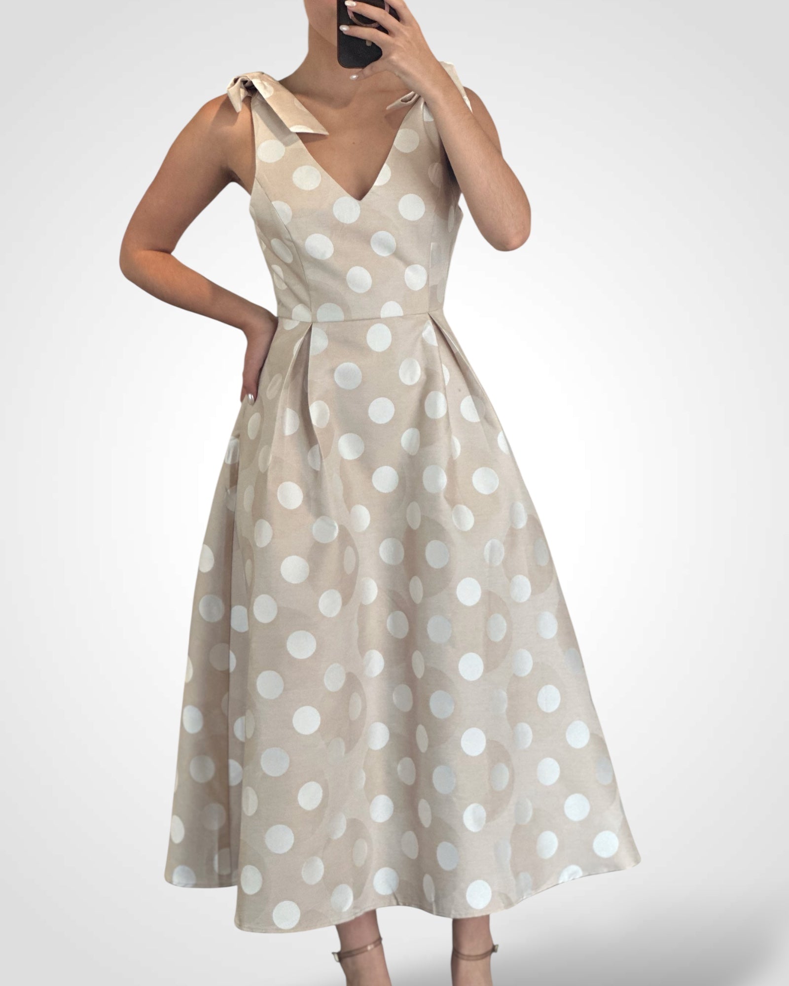 SLEEVELESS POLKA DOT FLARED MIDI DRESS WITH SHOULDER RIBBON