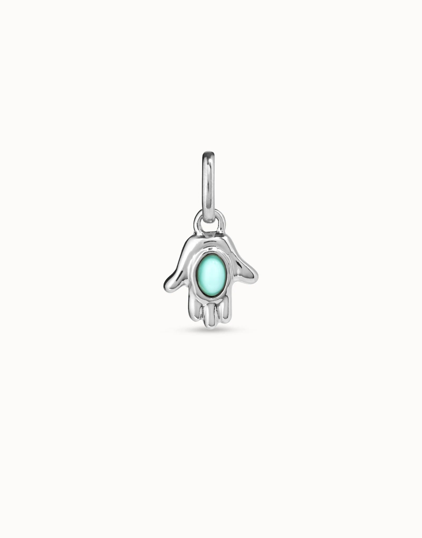 Uno de 50 Sterling silver-plated hand shaped charm with turquoise murano glass in the middle•