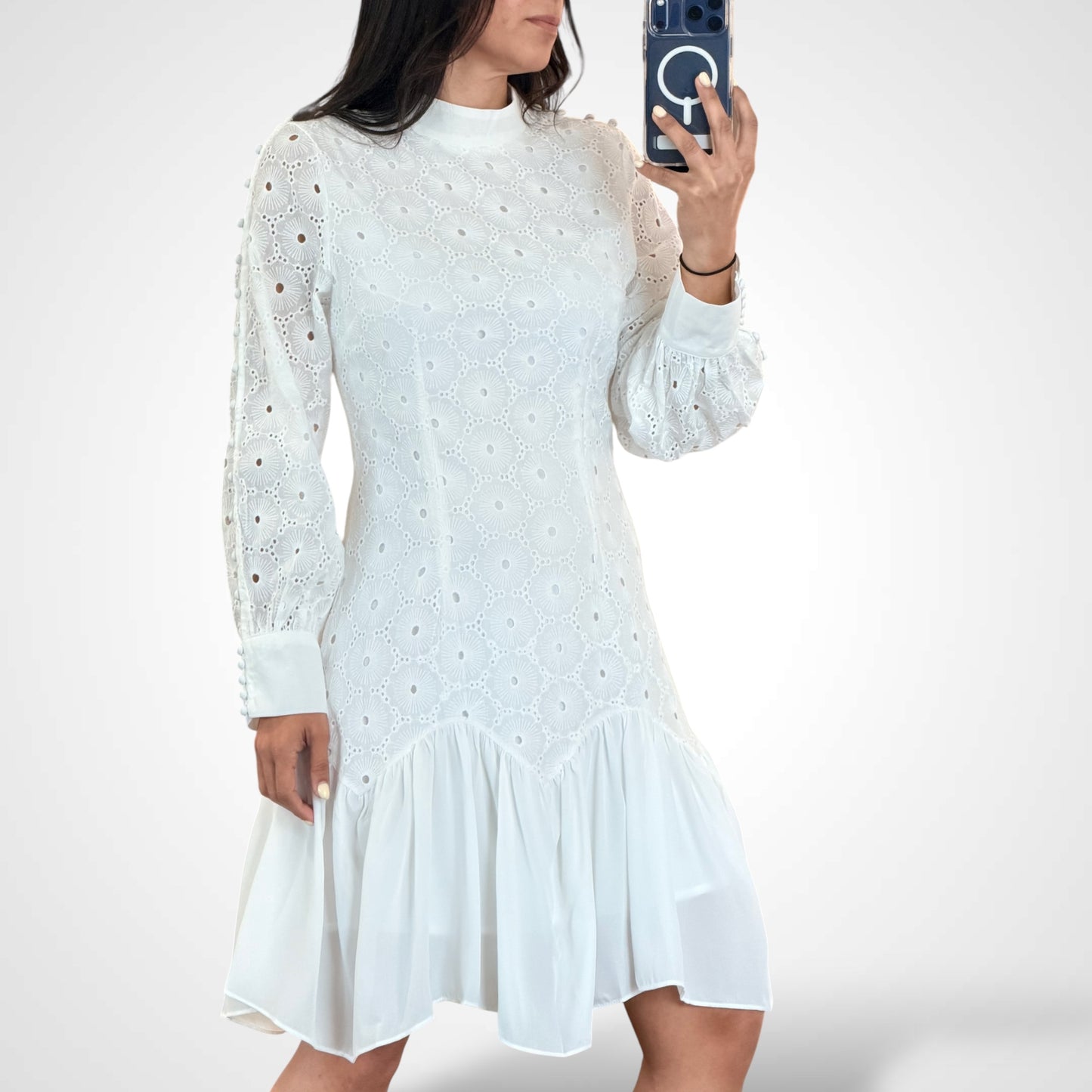Long Sleeve Mock Neck Eyelet Detailed Mini Dress