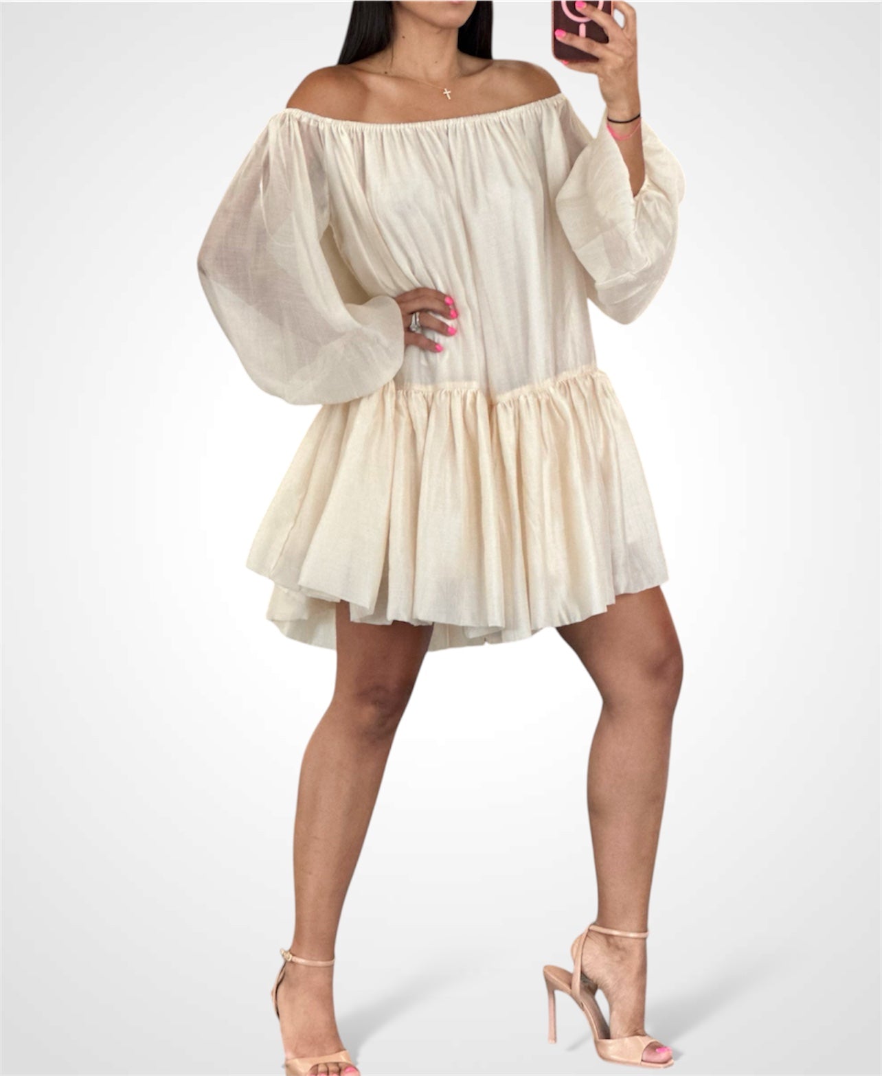 SJQ- OFF SHOULDER PUFFY MINI DRESS