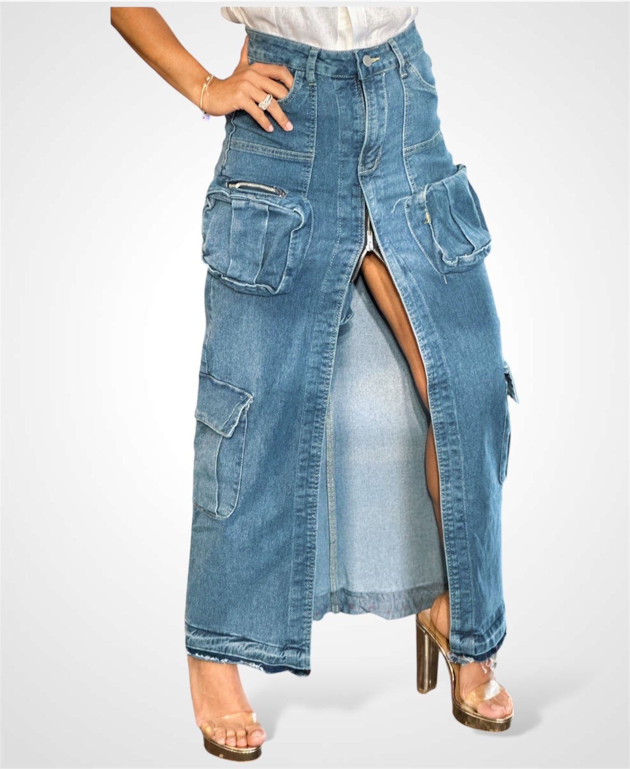 DENIM CARGO LONG SKIRT-1