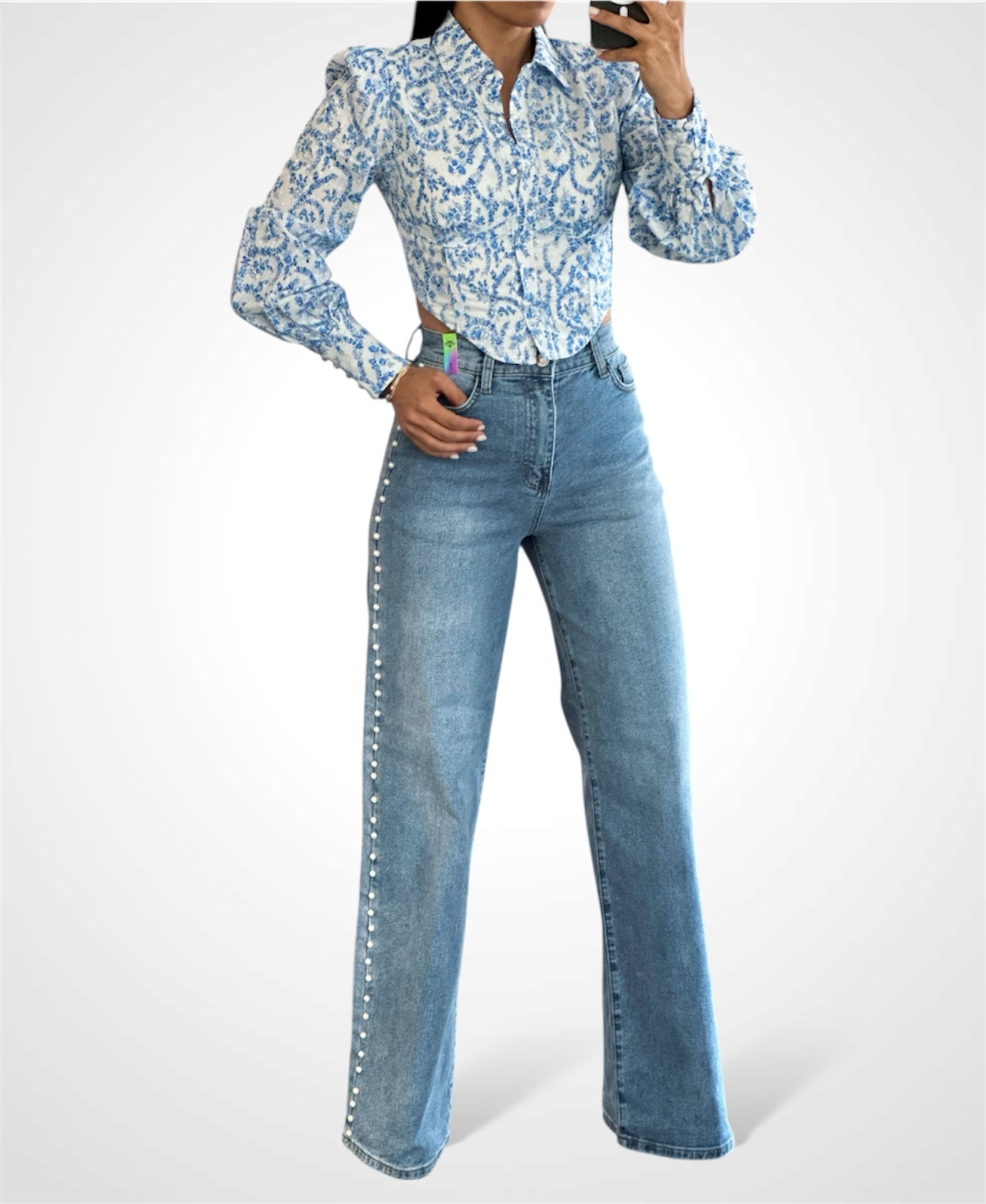 PEARL STUD HIGH RISE WIDE JEANS-2