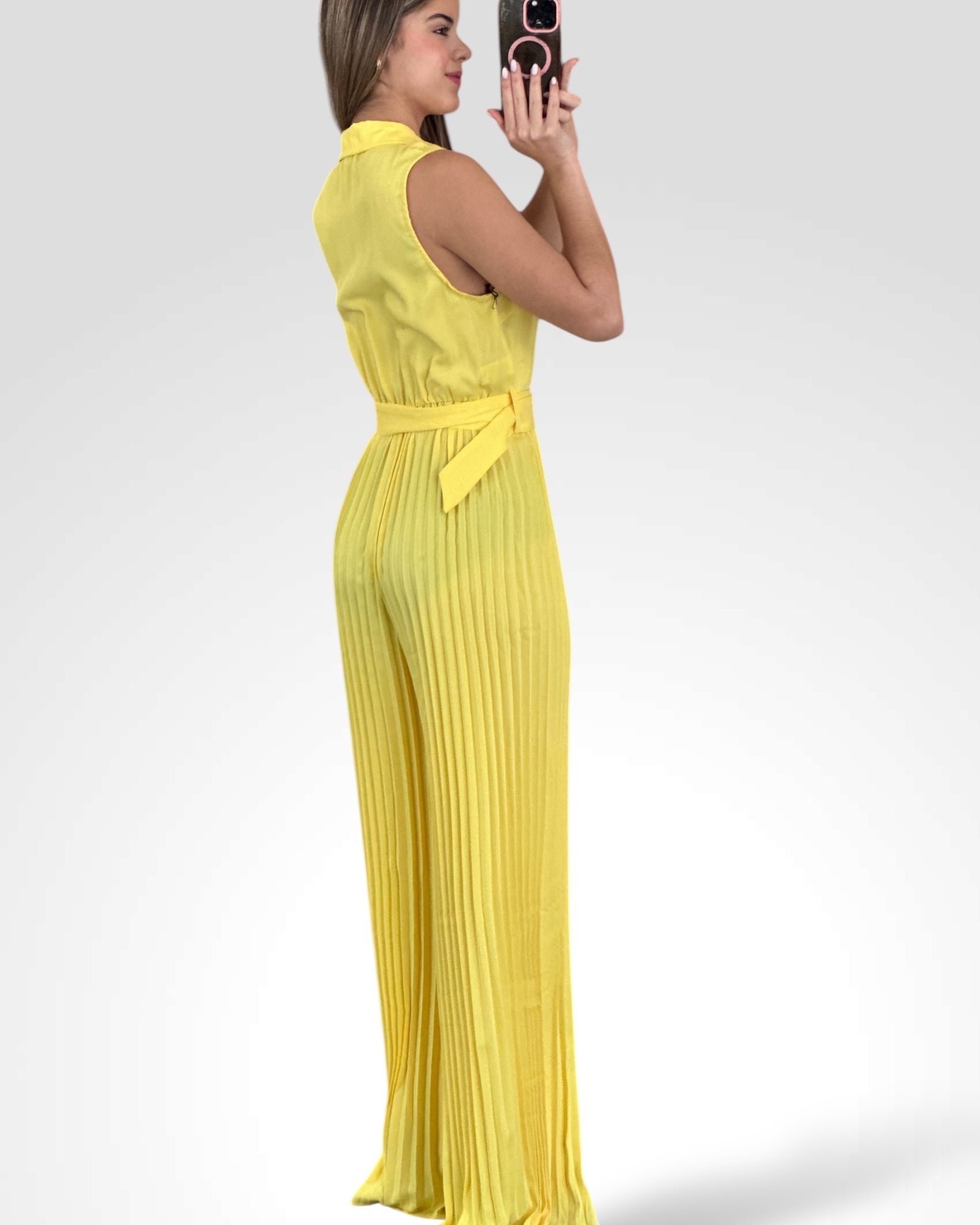 SOLID COLLARED PLEATS DETAIL WIDE LEG JUMPSUITS•-3