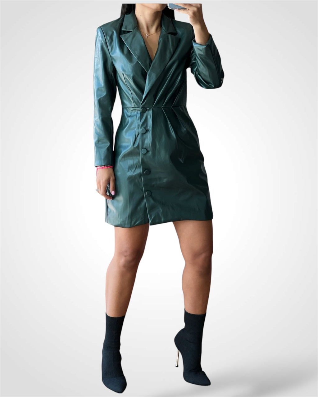 SJQ- Deep Green Leather Blazer Dress
