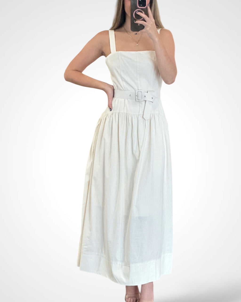 Light Beige Square Neck Poplin Midi Dress