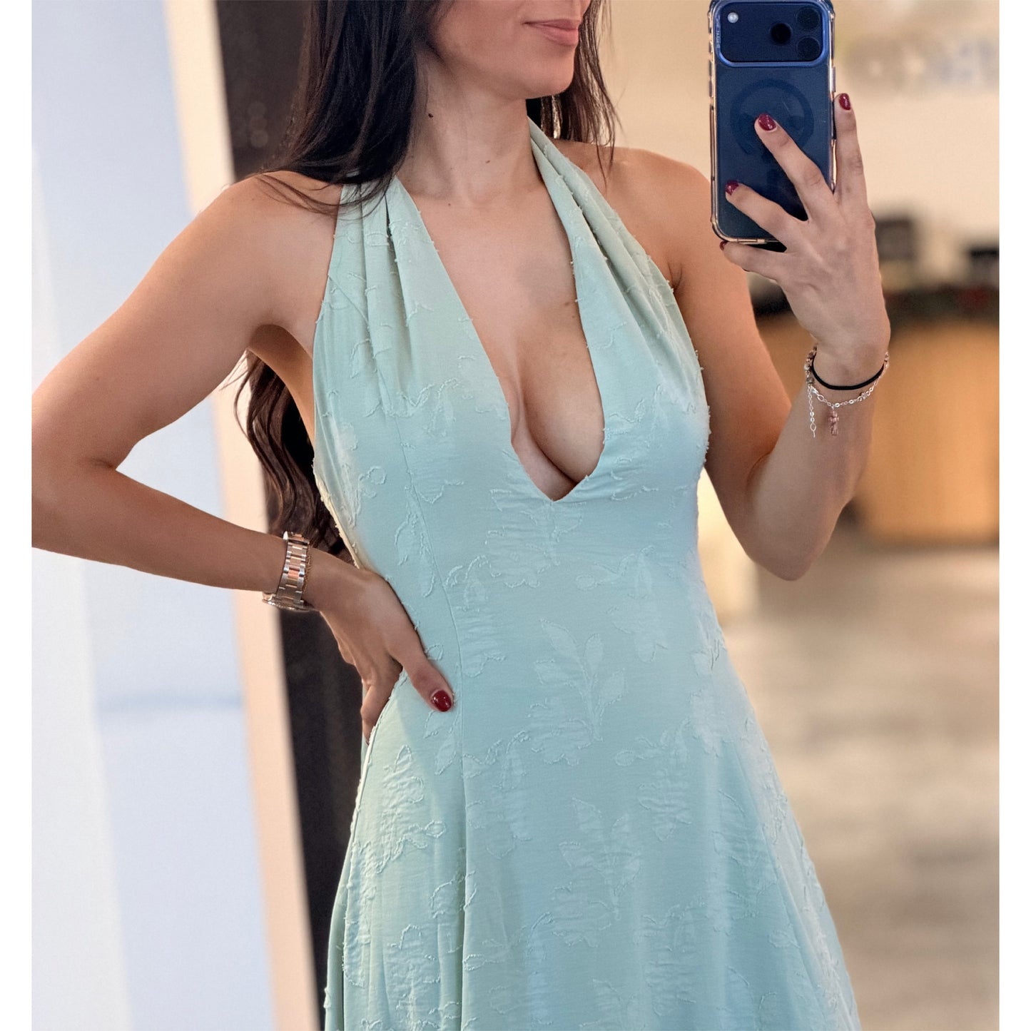 Magda Mint Green Deep V Neck A-line Midi Dress