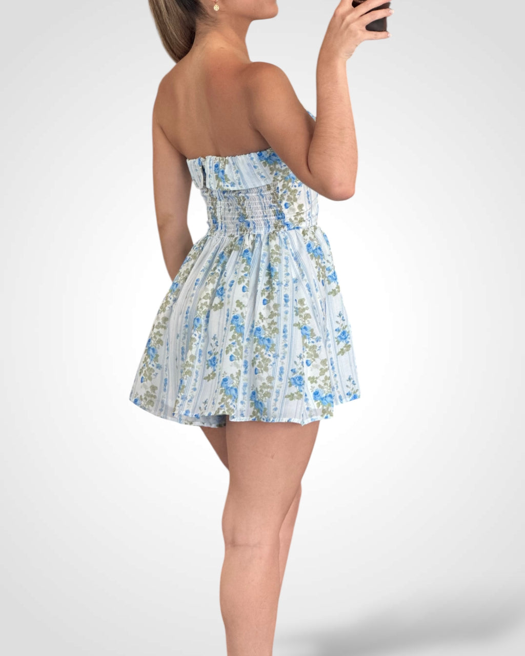 FLORAL PRINTED BACK SMOCKED TUBE TOP ROMPER