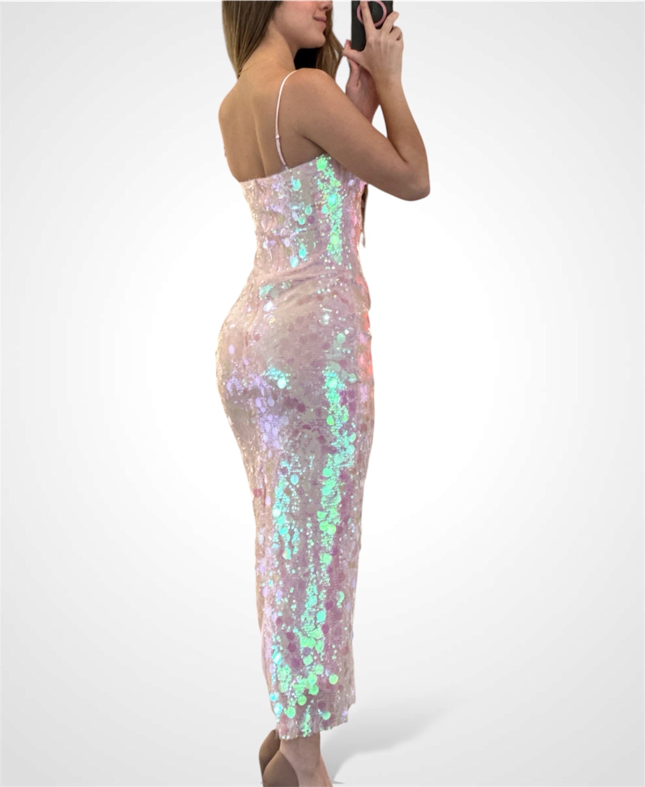 MIX SEQUINS SPAGHETTI STRAP BACK SLIT MIDI DRESS