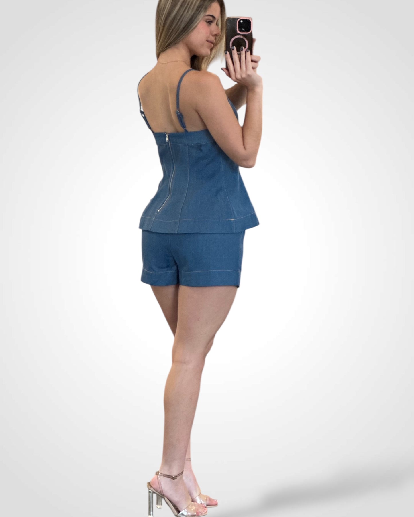 SJQ-Denim Apron Neckline Tunic Top And Shorts Set