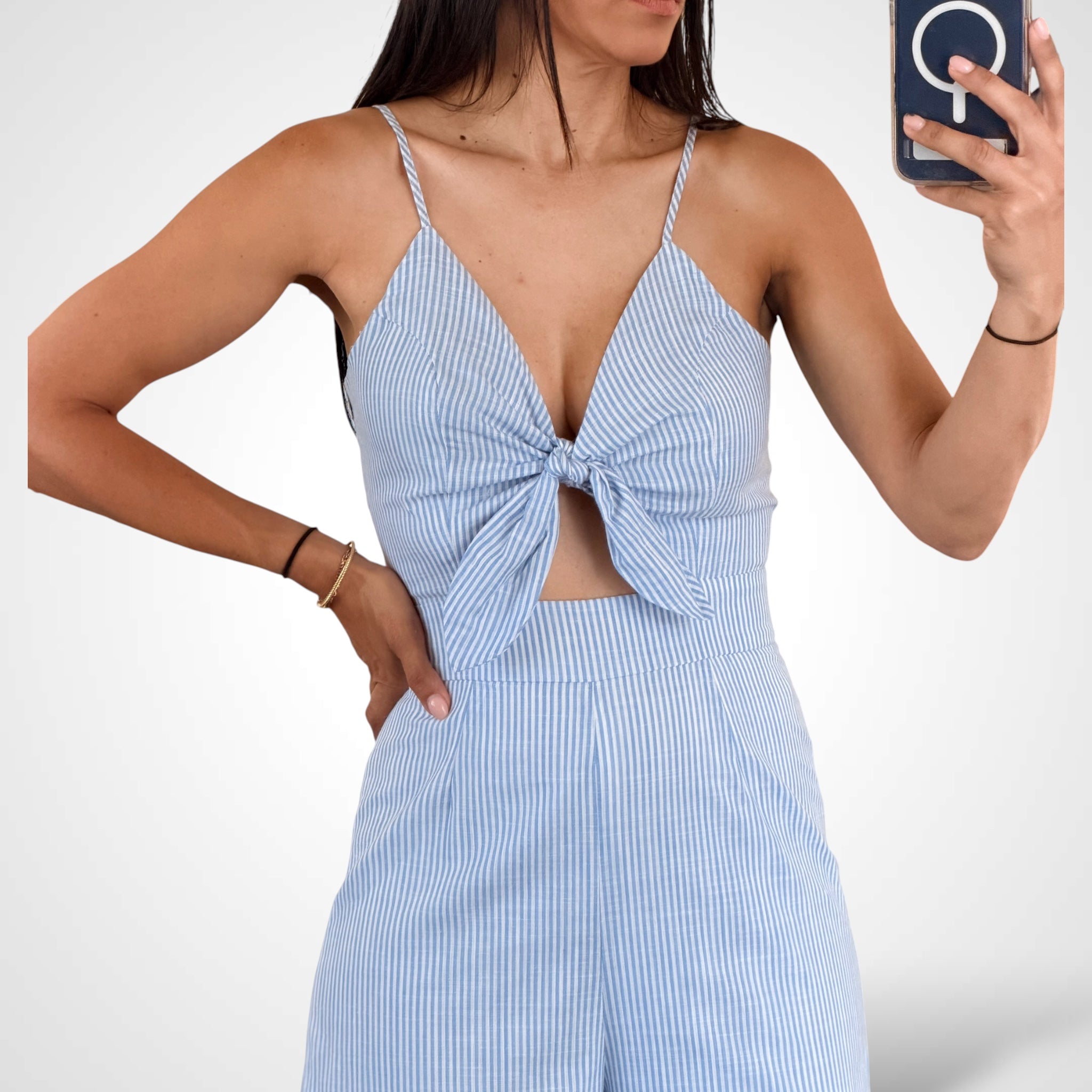 Sleeveless Front Cut Out Stripes Wide Leg Jumpsuit•-2