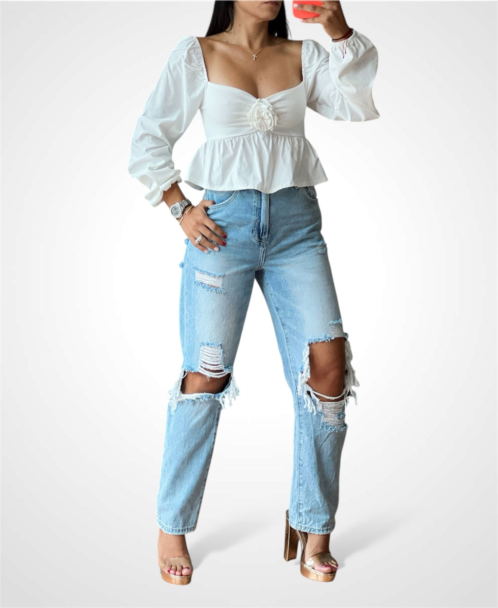 ROSETTE FRONT BALLOON SLEEVE BABY DOLL TOP