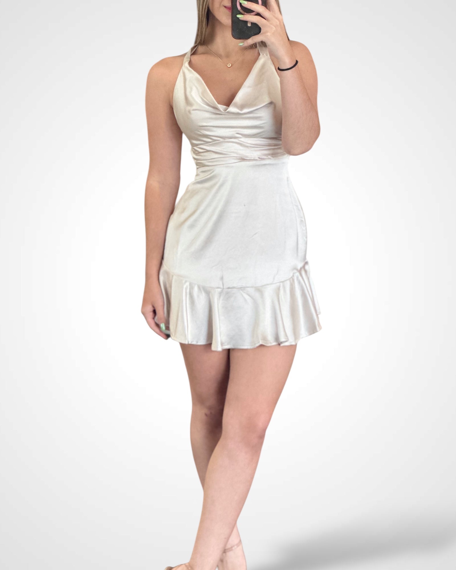 HALTERNECK COWL FRONT MINI SATIN DRESS