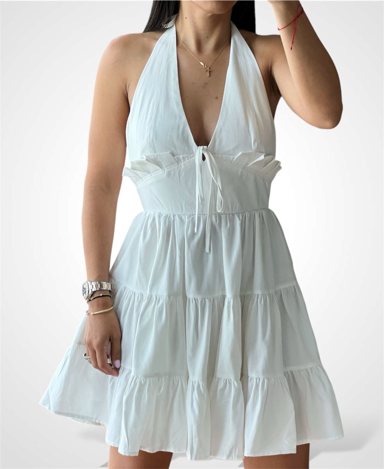 OPEN BACK FRILL DETAILED MINI DRESS•