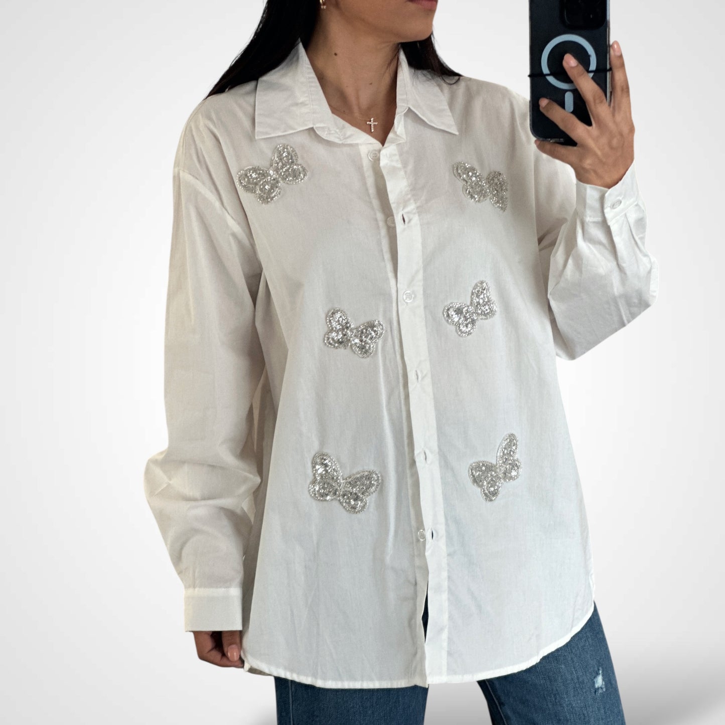 BUTTERFLY GLITTER DETAILS WHITE TOP