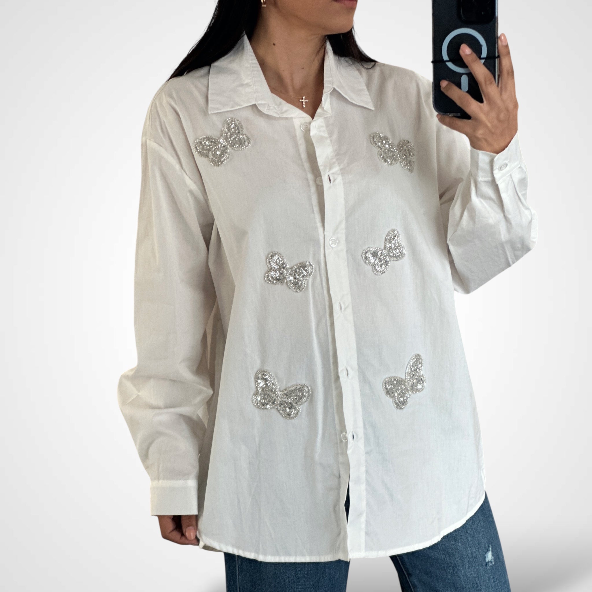 BUTTERFLY GLITTER DETAILS WHITE TOP•