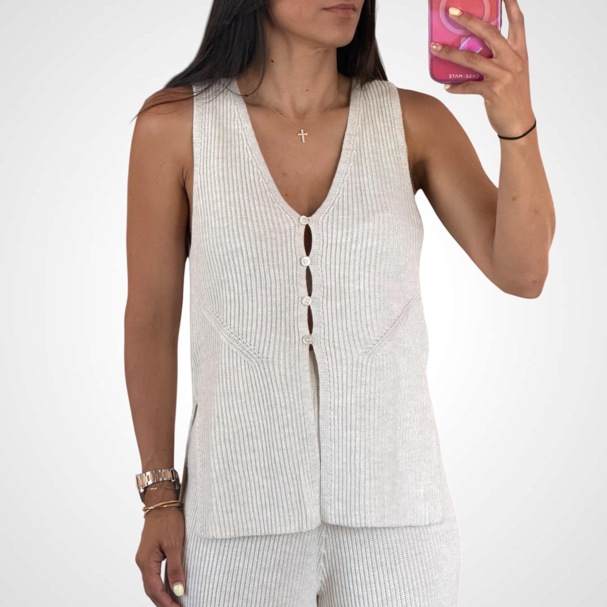 KNIT SLEEVELESS SIDE SLIT TOP AND PANTS SET-2