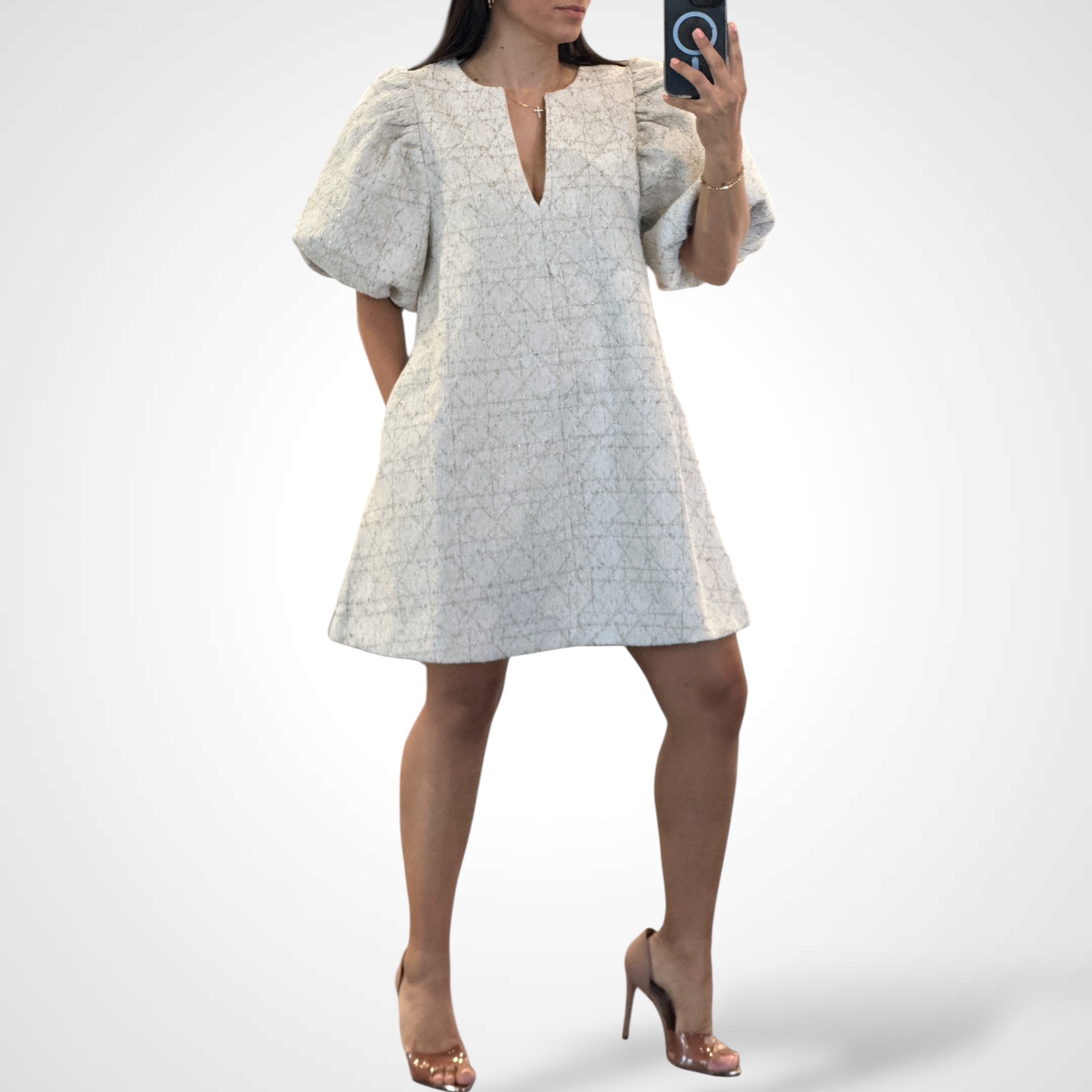 BOUCLE TEXTURED TWEED PUFF SLEEVE MINI DRESS•-2