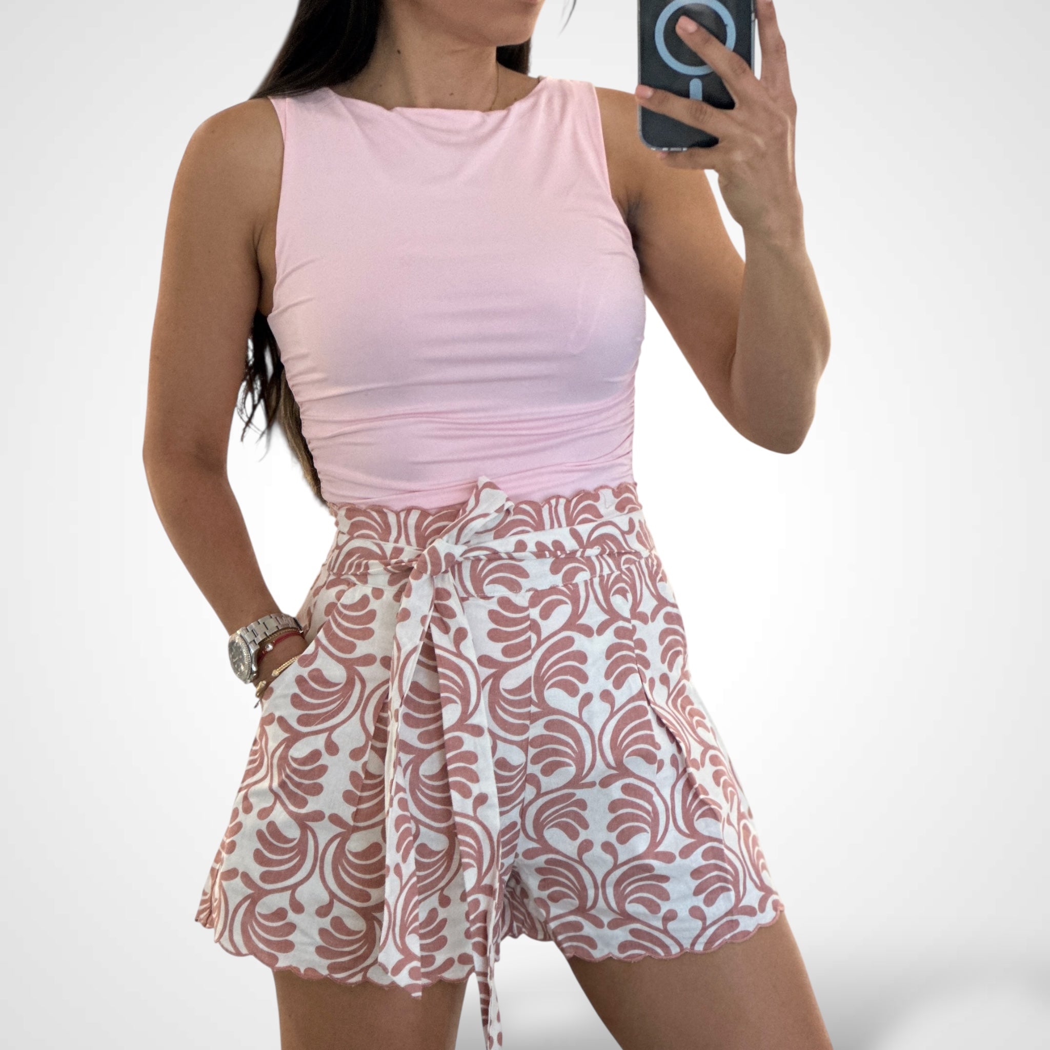 Front Pockets Self Tie Multi Print Mini Shorts (Mauve)•-2