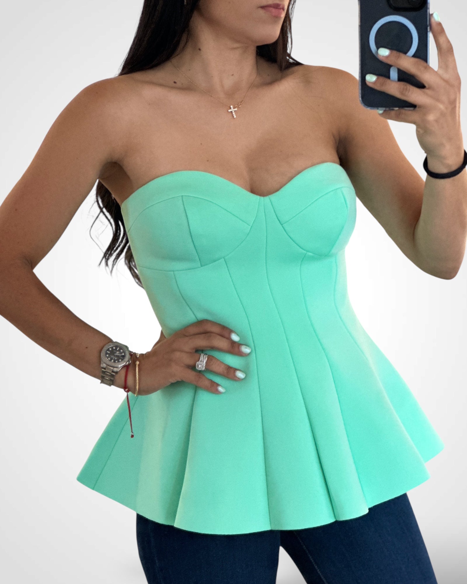SOLID OFF SHOULDER FORM FITTING PEPLUM BUSTIER TOP (Mint)•-1