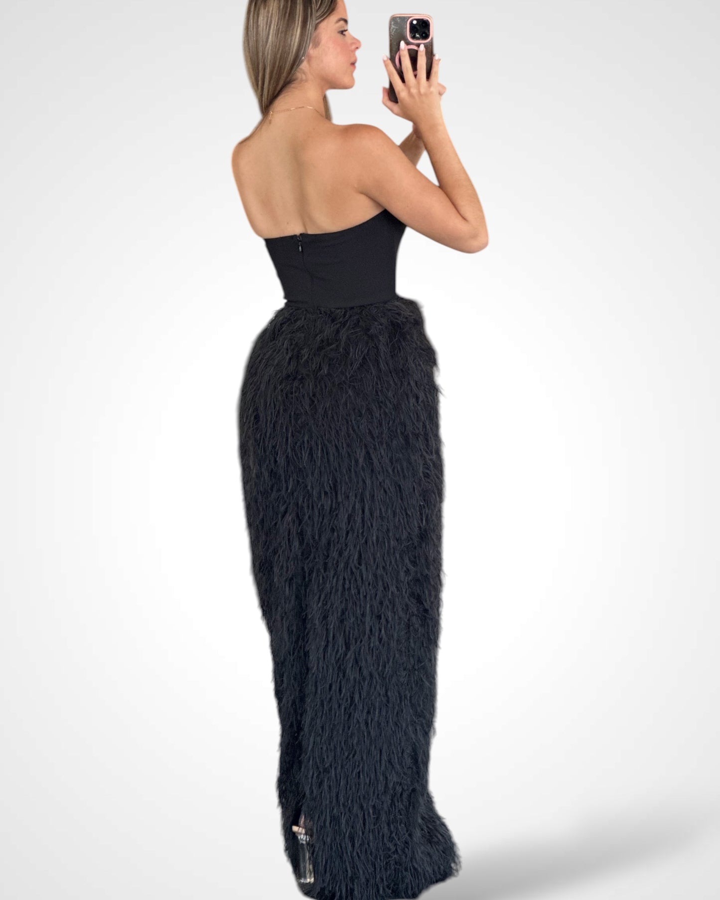 TUBE TOP FRILL FAUX FUR MAXI DRESS