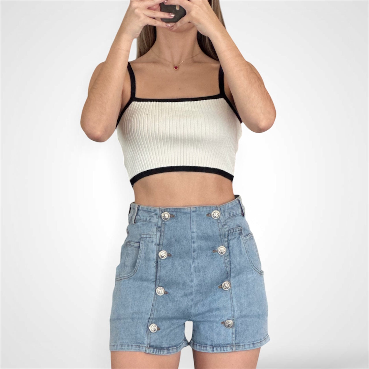 DOUBLE BREASTED BUTTON DETAIL DENIM SHORT•-3