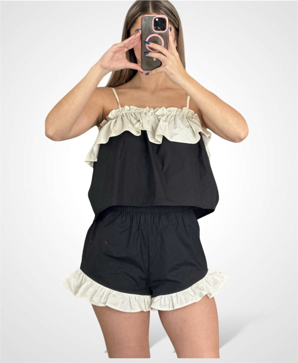 CONTRAST POPLIN RUFFLE TOP W/ CONTRAST TIE AT BACK