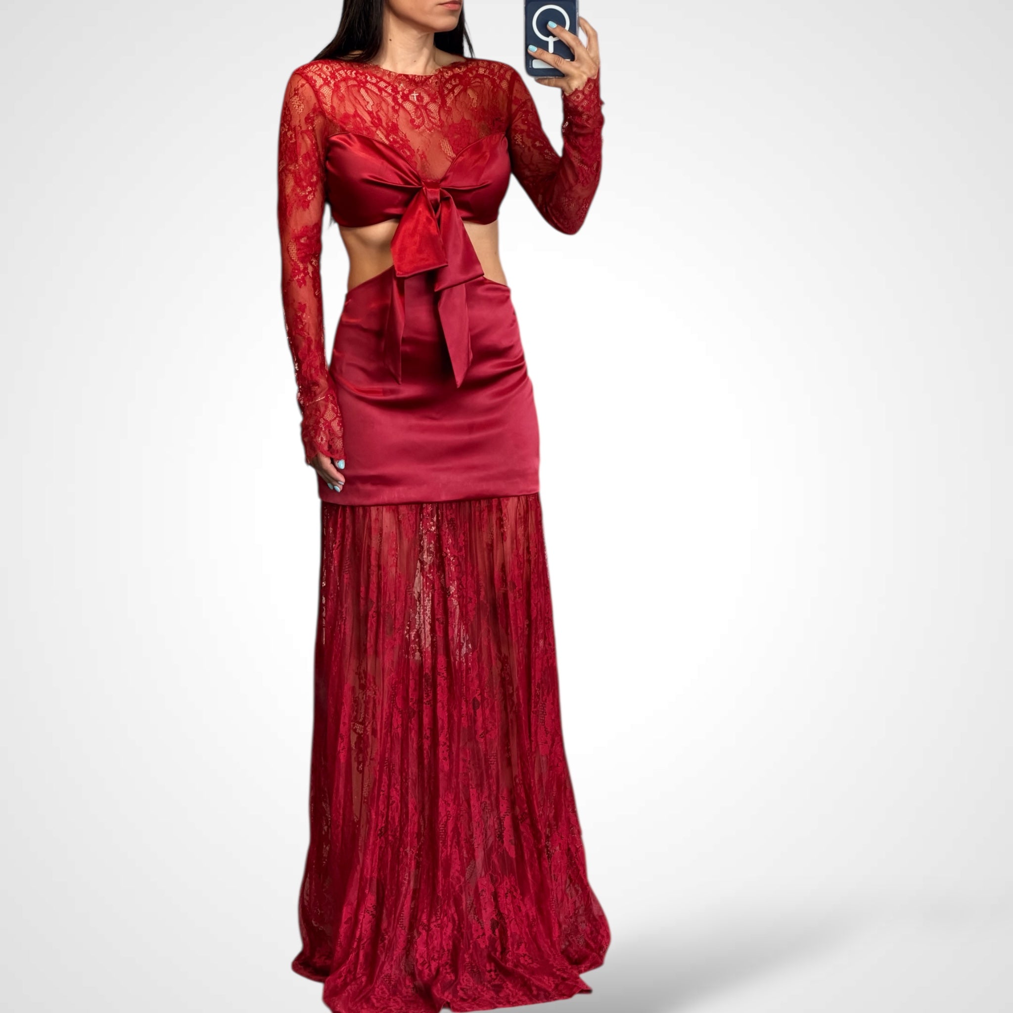Satin Lace Combo Cutout Maxi Dress•
