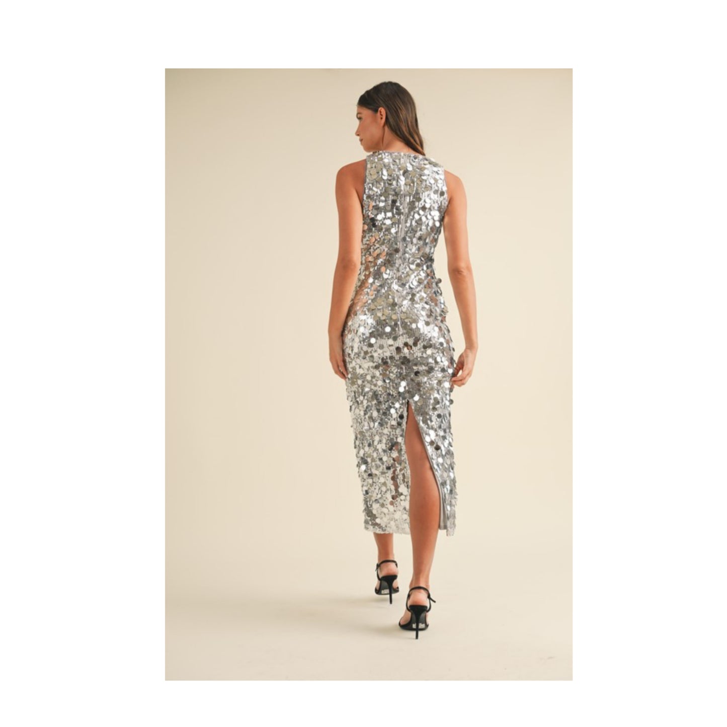 MIX SEQUINS SLEEVELESS BACK SLIT MAXI DRESS