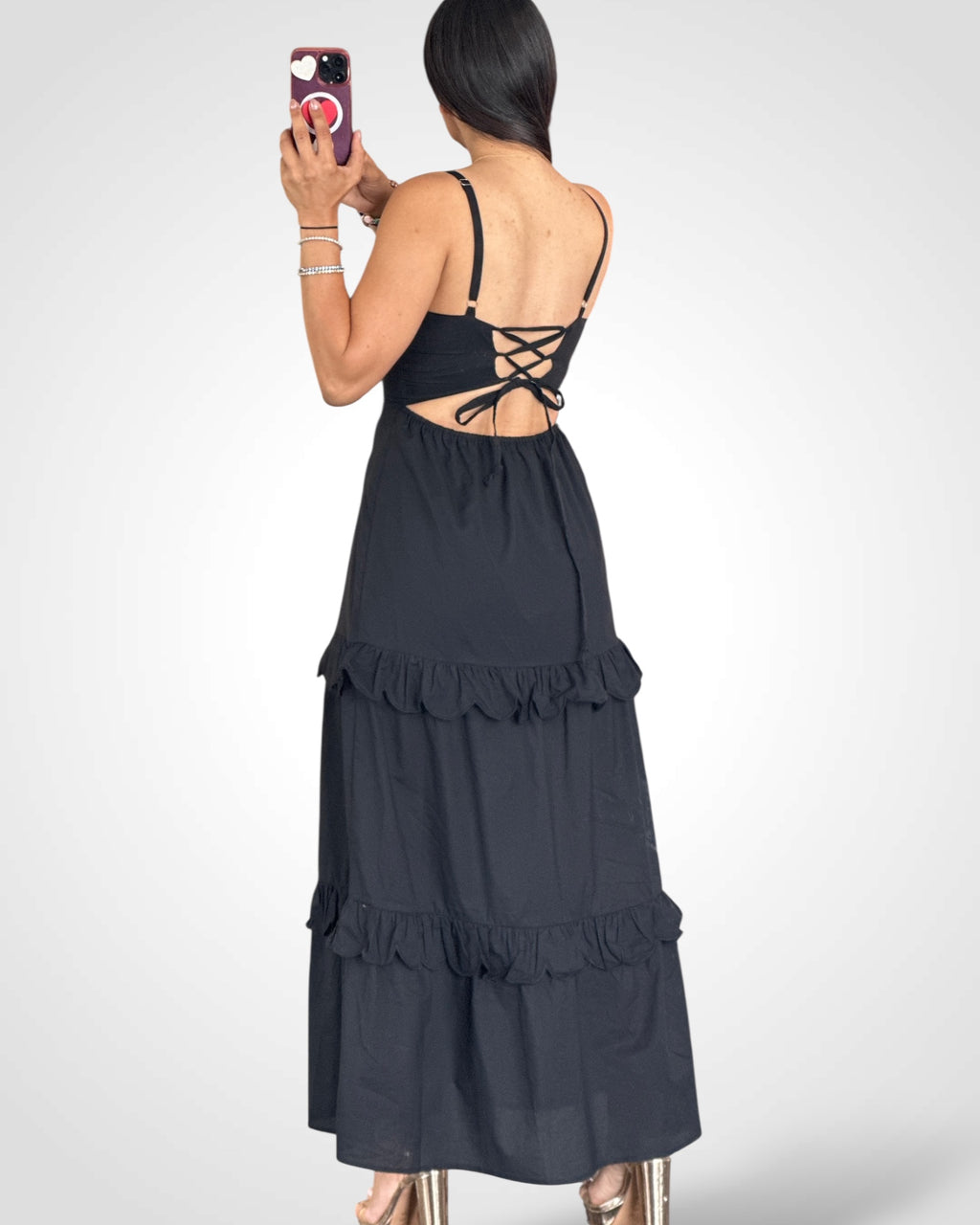Button Detailed Tiered Ruffle Open Back Maxi Dress