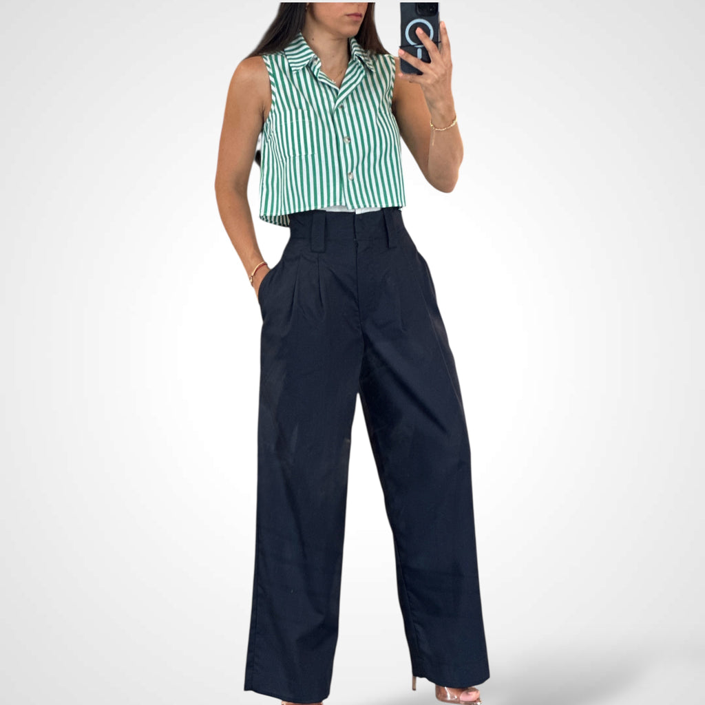 MID-RISE PINTUCK WAIST CONTRAST SUIT PANTS