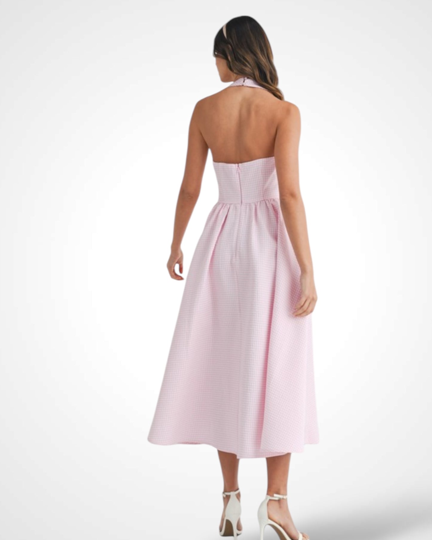 PINK GINGHAMN PLAID HALTER NECKLINE MIDI DRESS