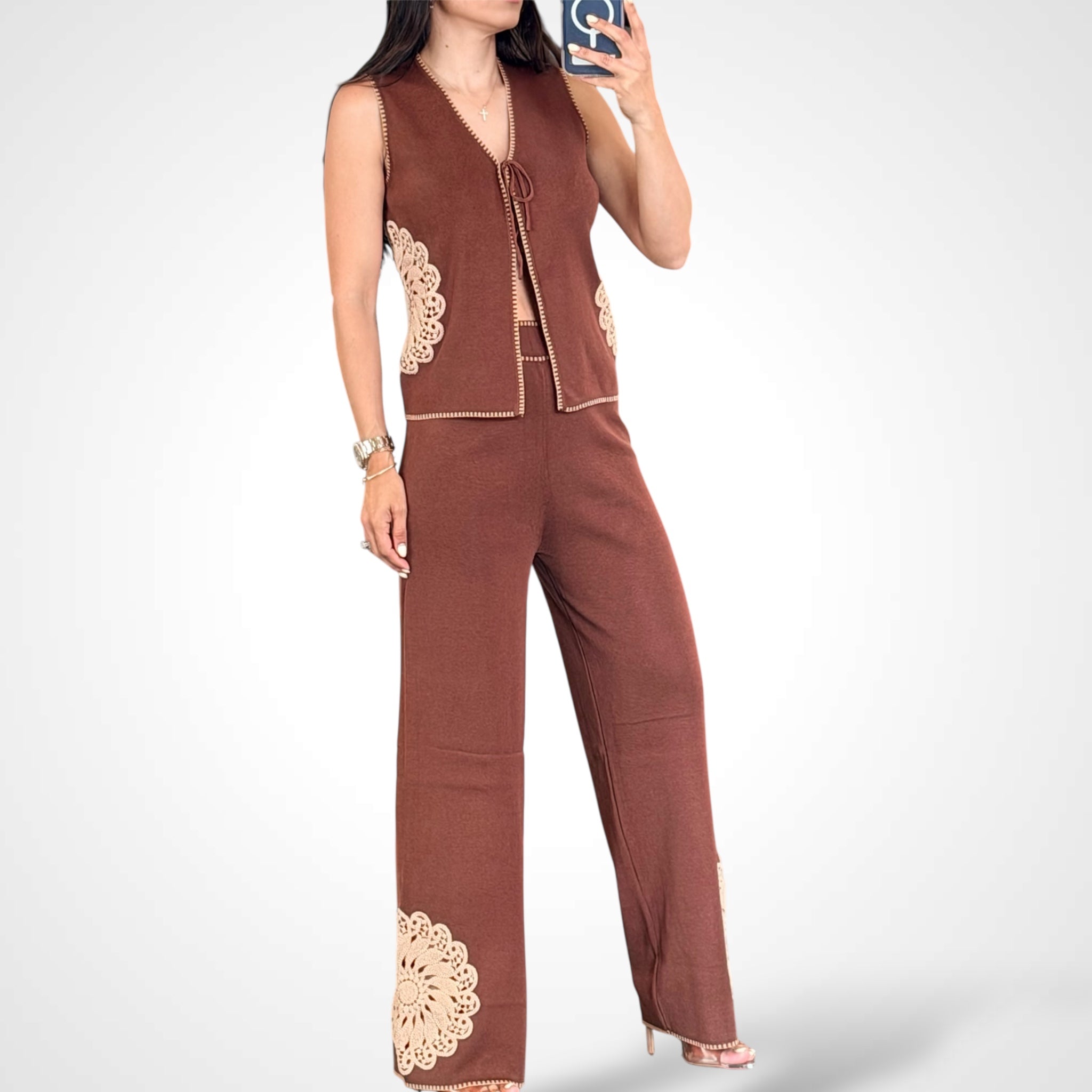 Brown Embroidery Detail Top & Elastic Waist Pants Set•