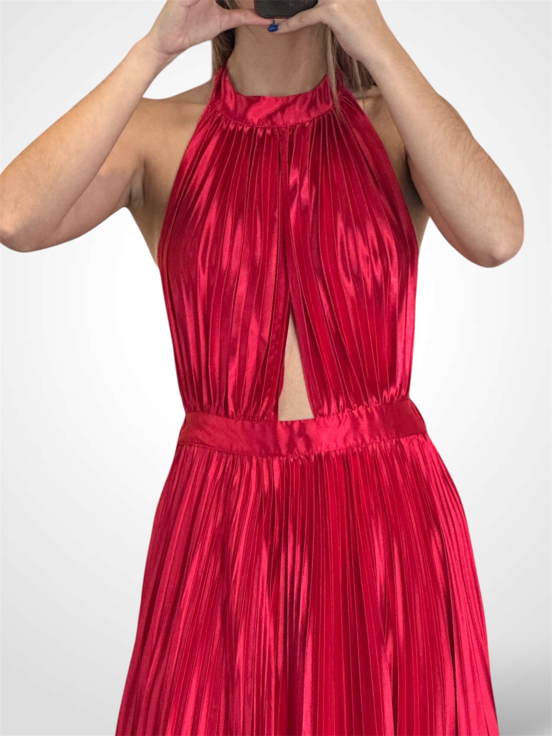 RED SATIN PLEATED HALTER DRESS•-2