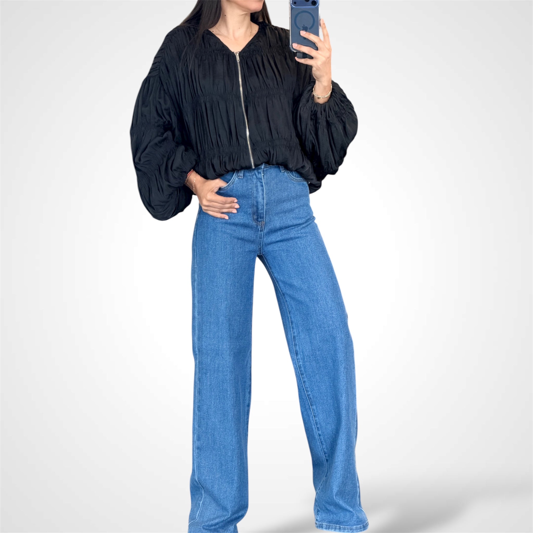 BLACK GATHERED SMOCKED OVER FIT JACKET