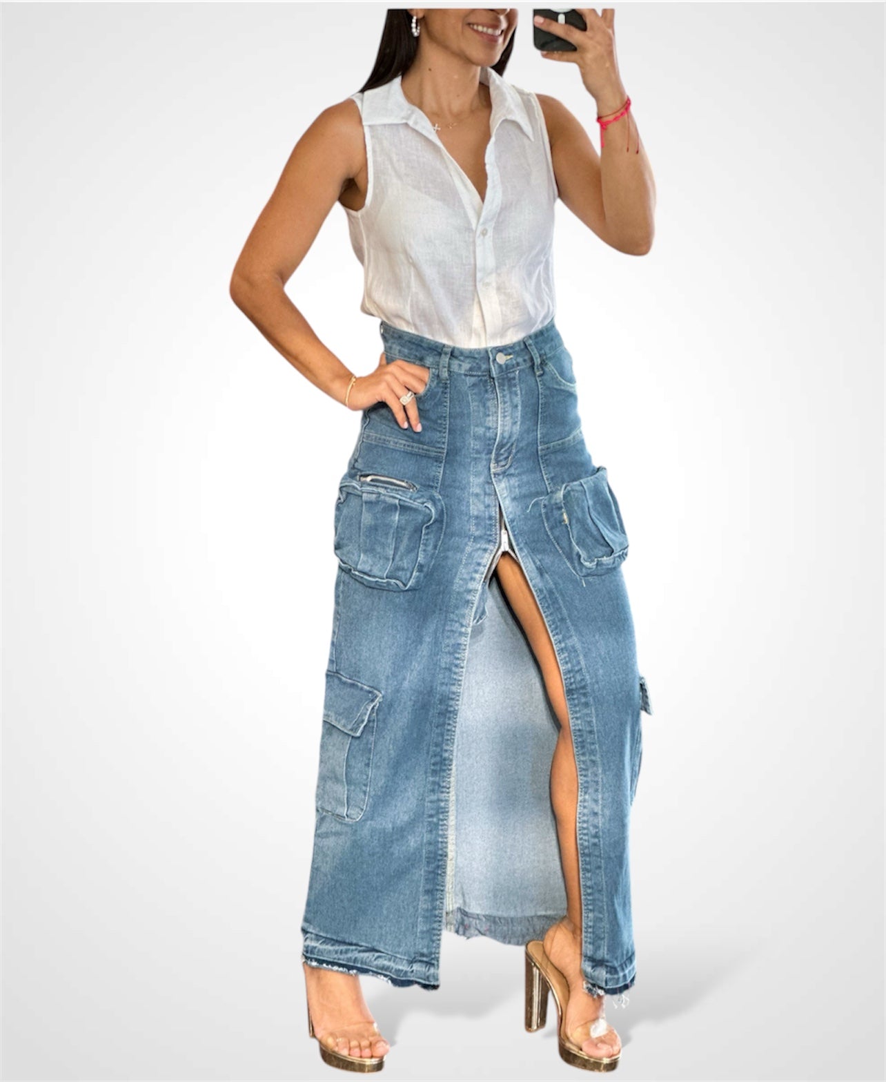DENIM CARGO LONG SKIRT-2