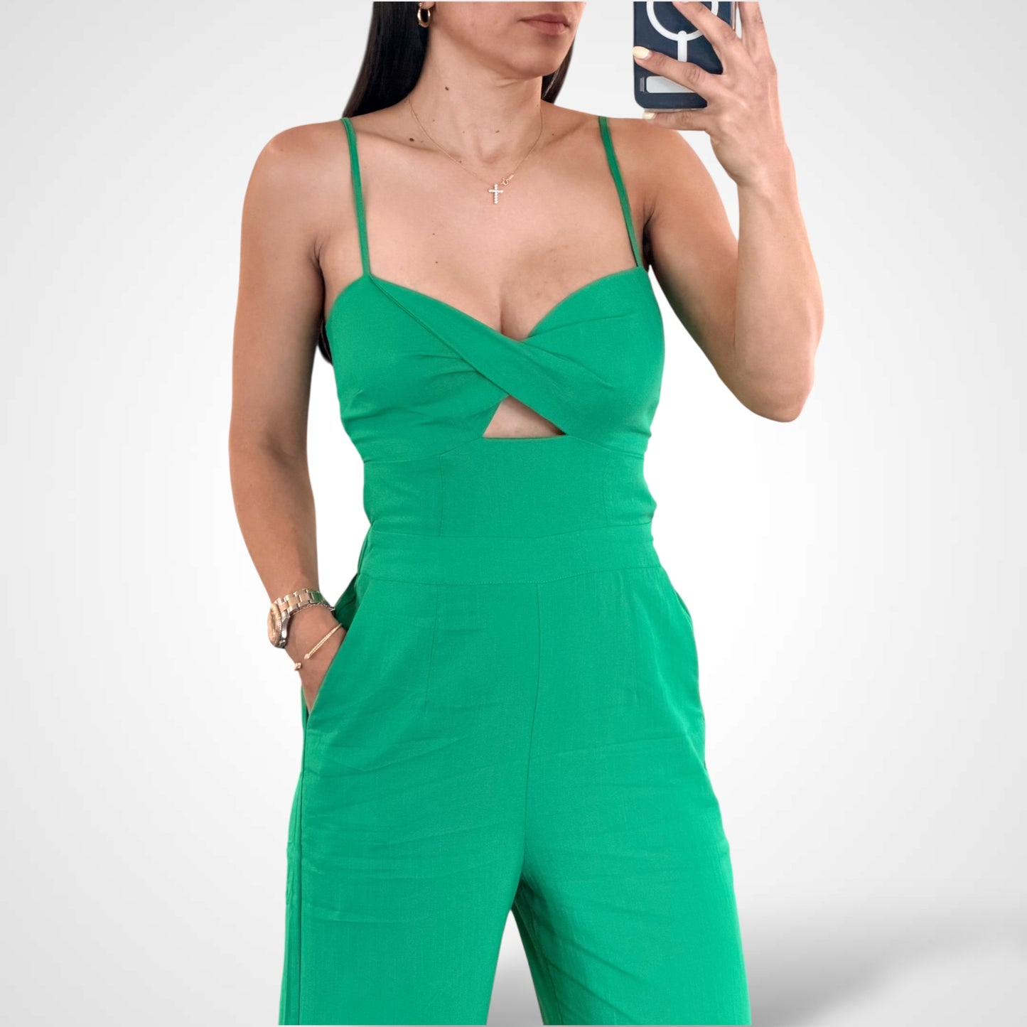 SOLID SLEEVELESS CUTOUT DETAIL OPEN BACK JUMPSUIT