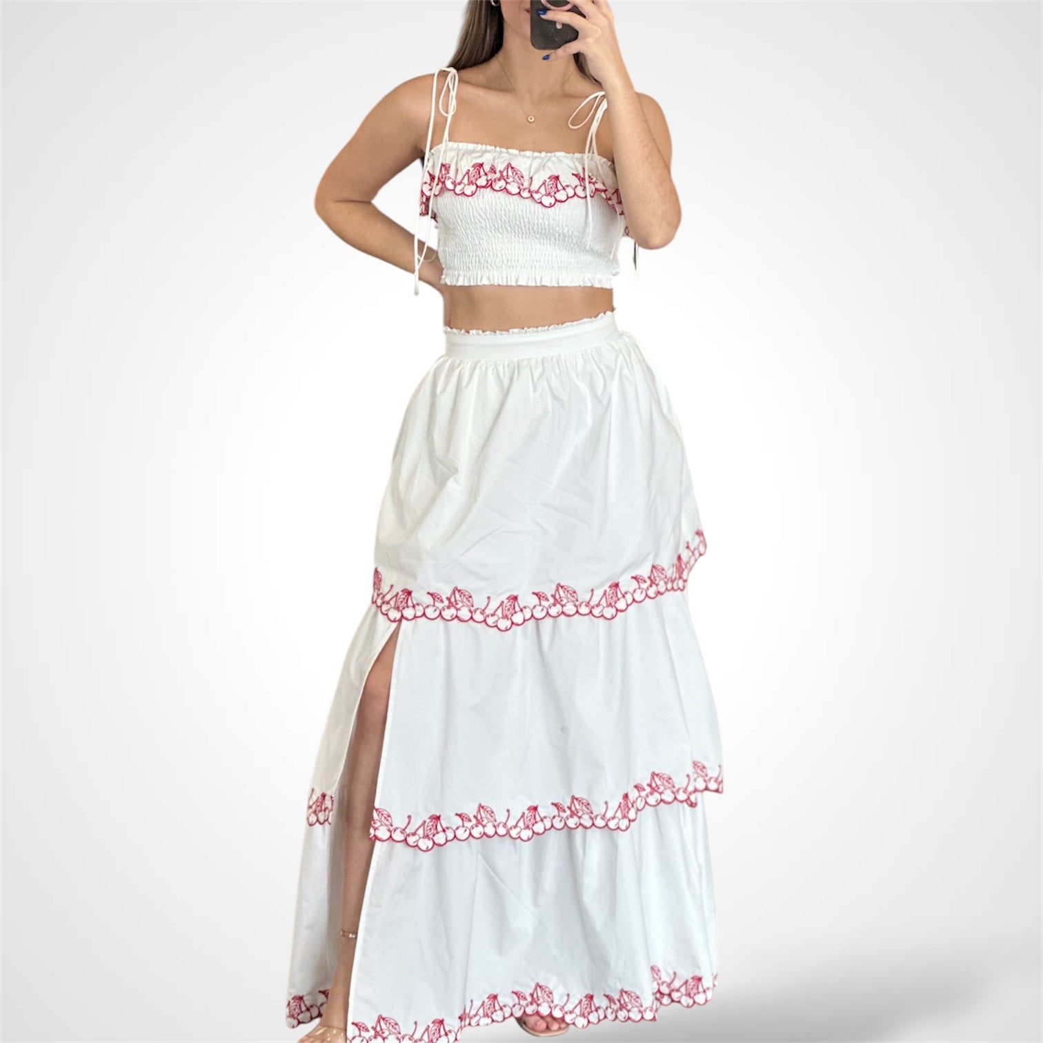 EMBROIDERY TIERED MAXI SKIRT & EMBROIDERY SMOCKED TOP SET•