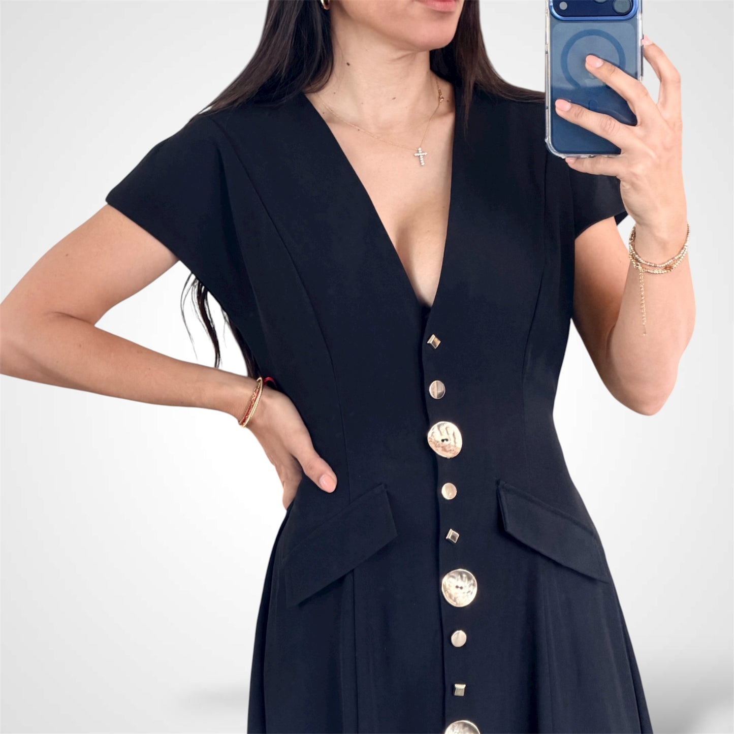 GOLD BUTTONS BLACK LONG DRESS