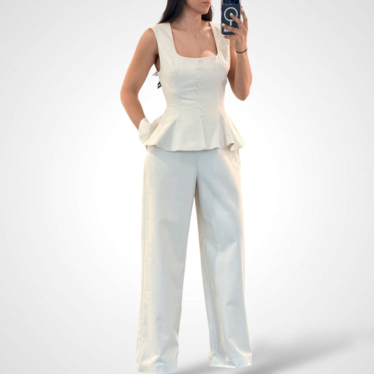 Linen Sleeveless Peplum Top and Pants Set Oatmeal