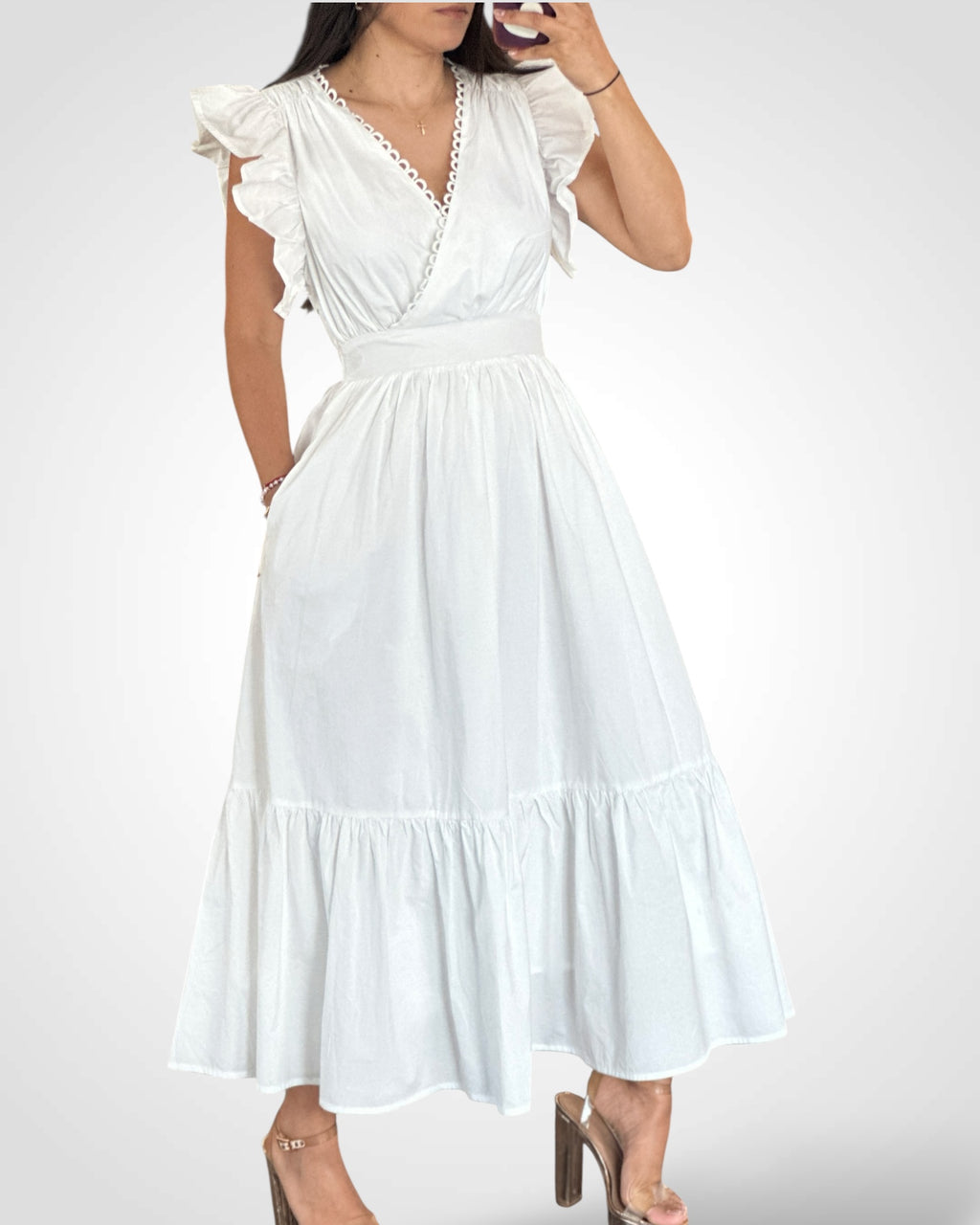 POPLIN SCALLOPED TRIM SURPLUS MIDI DRESS