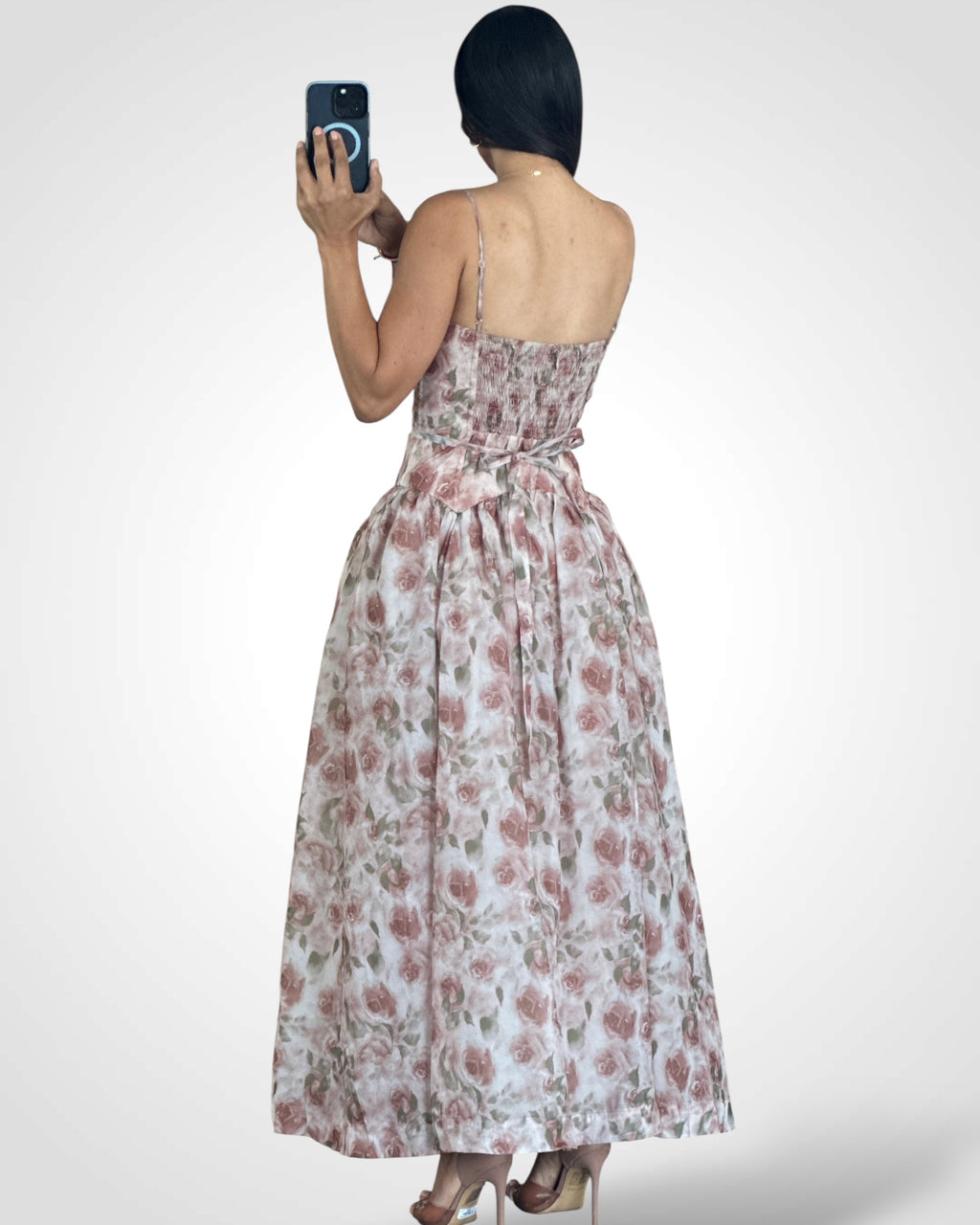 FLORAL ORGANZA SPAGHETTI STRAP MIDI DRESS