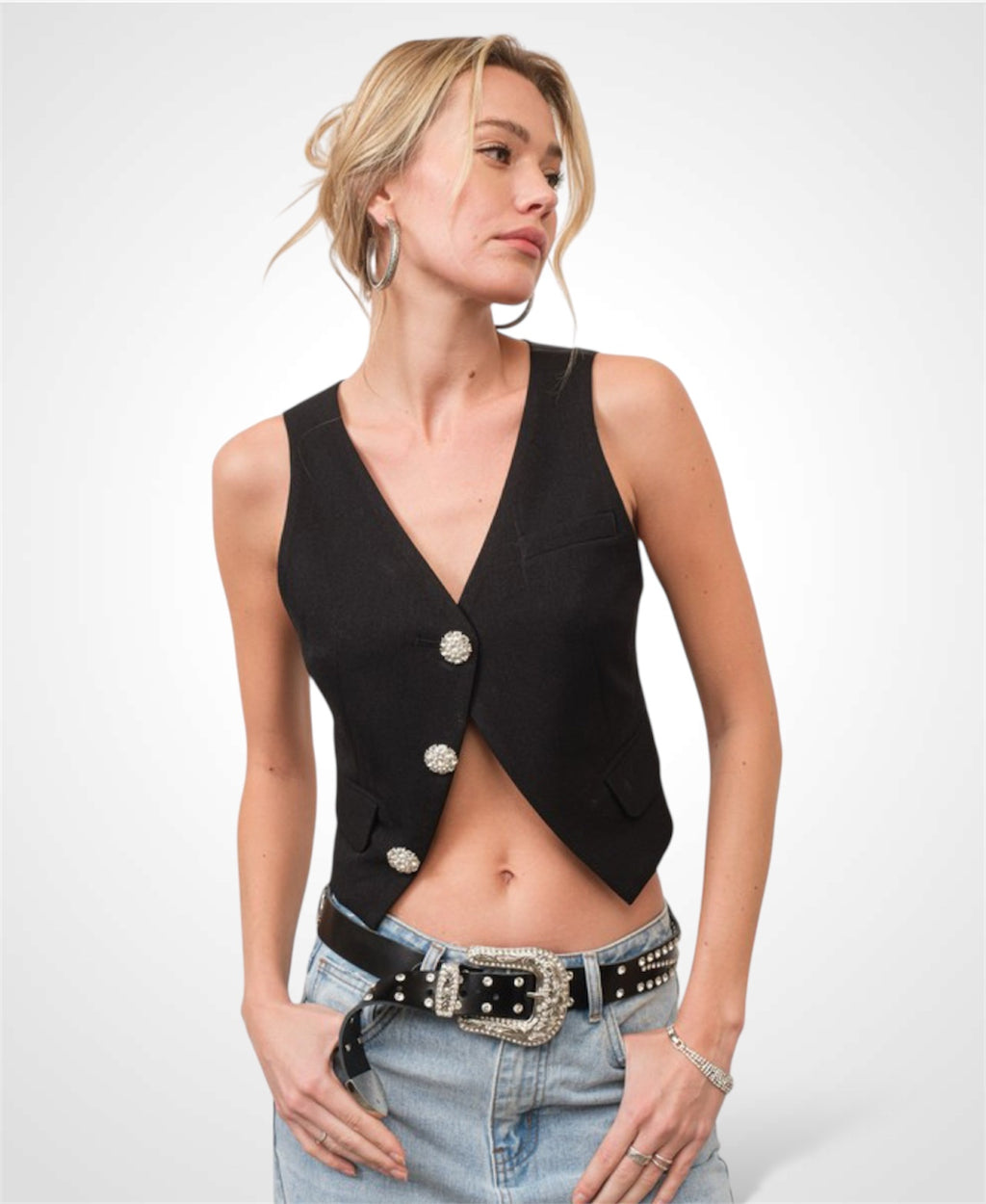 CRYSTAL BUTTON CROPPED VEST